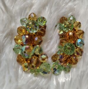 Vintage 50s LAGUNA Faceted AB Crystal Aurora Borealis Crawler Clip On Earrings